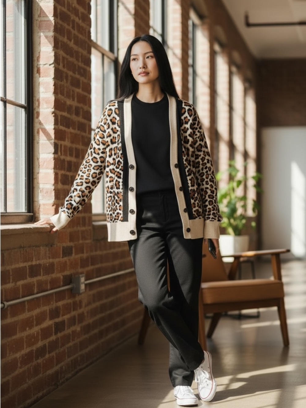 Cabi XL leopard 🐆 Knit Cardigan in Cream, Brown & Black